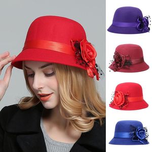 Skąpy brzegi kapelusze moda melonik eleganckie damskie formalne fedora imitacja wełniany z kwiatem jesień zima zachować ciepłą czapkę wiadra