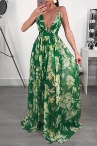 Tryck blommor lösa boho djupa v nacke backless långa kvinnor klänning maxi klänningar vestidos sexig back cross beach sommar klänning y0118