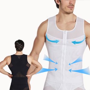 Mens Bröstkomprimering Gynekomasti Vest Slimming Shirt Body Shaper Tank Top Front Zipper Coret för Man Shapewear