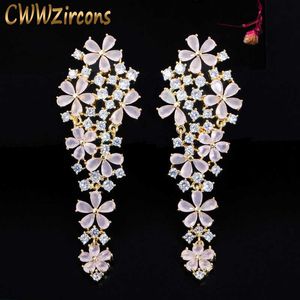 Elegant Long Drop Light Pink CZ Crystal Dangling Flower Earrings for Women Fashion Brand Bridal Banquet Jewelry CZ663 210714