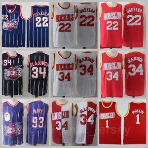 Vintage Basketbol Hakeem Olajuwon Jersey 34 Erkekler Retro Clyde Drexler 22 Tracy McGrady 1 Tüm Dikişli Kırmızı Beyaz Lacivert Nefes Kaliteli