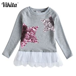 VIKITA T-shirt con paillettes per bambina T-shirt a maniche lunghe per bambini T-shirt per bambini Autunno Inverno Primavera Abbigliamento casual Abbigliamento per bambini 210306