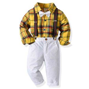 Dzieciowe ubrania dla dzieci Zestaw jesienny wiosna Koszulka z muszką długoterminową   szelki Pant 2pcs Zestaw dzieci Dżentelmen Stroje Kostium G220310