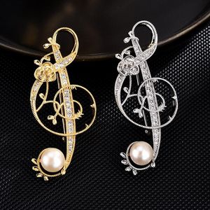 Pins, Brooches Elegant Retro Freshwater Pearl Brooch Pin Collar Clothing Accessories Zircon Men's Suit Musical Note Luxury Jewelry