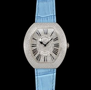 All Diamond Iced Out Orologio da donna Guarda Numeri romani Blu cinturino in pelle da polso Donne al quarzo orologio