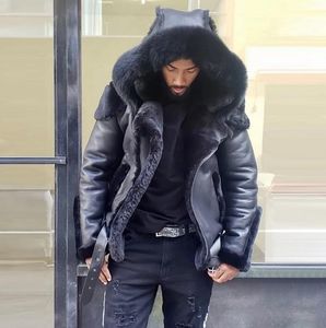 Мужские куртки, зимнее пальто для мужчин, модная овечья кожа, теплая меховая дубленка с капюшоном, мотоциклетная толстая куртка-бомбер M-5XL
