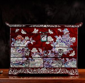 Förvaringslådor Bins Solid Wood Bröllop Smycken Box Mor of Pearl Lacquer Retro Kinesisk Style Cabinet