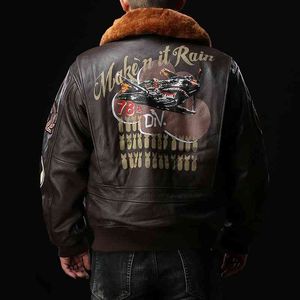 Super Fast Shipping Air Force G1 Pilot Jacka Män Varm Real Removable Fur Collar Genuine Cow Leather Coat Vintage Bomber