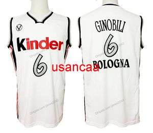 Anpassad retro manu ginobili #6 Italy Bologna baskettröja sömnad vit storlek S-4XL Alla namn och nummertröjor