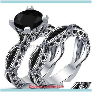Obrączki ślubne Biżuteria2021 Przyjazd Izienna Biżuteria Vintage Sterling Sier Okrągły Cut Black Sapphire Party CZ Diamond Women Bridal Weddinn