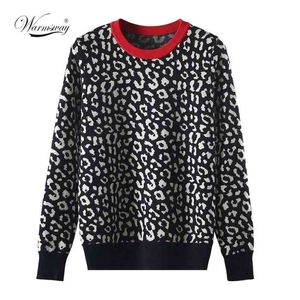 Осень зима женские свитера леопарда вязаные пуловеры с длинным рукавом контрастный цвет Crewneck Jumpers Sweter Mujer C- 026 210812