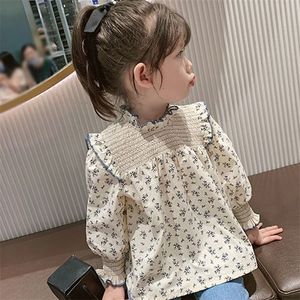 Dziewczyny Koszulki Koreańskie Kobiece Dziecko Koszulki Kwiatowe Bawełniane Wiosna Jesień Długą Rękaw Koszula Odzież dziecięca 210306