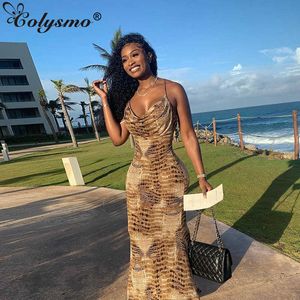 Colysmo Beach Party Dress Print Backless Spaghetti Strap Långa Klänningar Kvinnor Mode Sexig Robe Ladies Club Casual Vestidos 210527