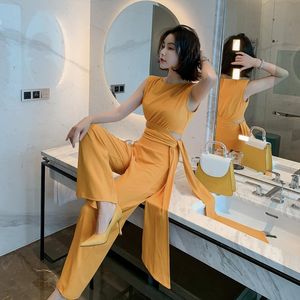Women s Tracksuits Casual Two Piece Set Summer Office Classy Business Suit Women Short Sleeve Lace Up Tops och Long Wide Leg Pants Sets