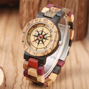 Trendy Quartz Women Watches Compass Pattern Design Dial Mixed Color Wooden Bracelet Lady Wristwatch Natural Female Bangle Watch