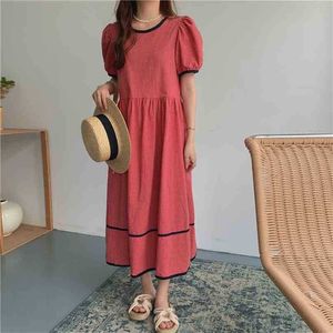 Sweet Preppy Style Red Vintage Loose A-Line Retro Geometryczne Casual Prom Femme Plaid Chic Long Dress Vestidos 210525