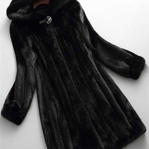 ロータロ冬の高級ロングブラックフェイクミンクの毛皮コート女性フード長袖エレガントな厚い暖かいふわふわのふわふわのジャケット6xl 7xl 211110