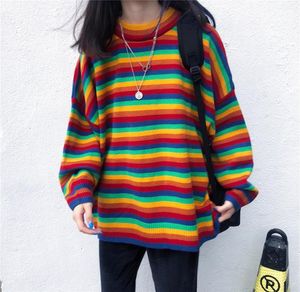 Camisolas femininas 2021 Sweater de primavera e outono Rainbow Stripe Loose Mulheres Coreias Manga Longa Milina