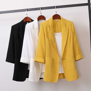 3xl 4xl mais tamanho outono algodão e linho blazer mulheres casuais longos blazers casaco branco preto amarelo pequeno terno jaqueta mulheres c6488 x0721