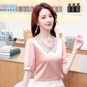 Koreanska Silk Kvinnor Blusar Satin Lace Toppar Plus Storlek Kvinna Puff Sleeve Blus Top Blusas Femininas Elegante 3xl 210531