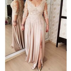 Plus Size Mother Of The Bride Dresses For Wedding Party Champagne Long Sleeves Side Split Prom Dress 328 328