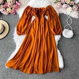 Autumn Women Slash Neck Long Sleeve Midi Dress Female Yellow/Red/Pink High Waist Ruffle Big Swing Chiffon Dresses Fashion 210806