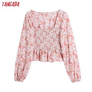 Tangada Kvinnor Retro Tryck Square Collar Shirt Blouse Puff Långärmad Chic Kvinna Tops CE177 210609