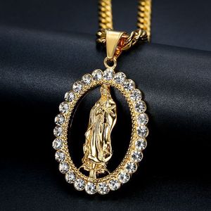 Hip Hop Edelstahl Anhänger Halskette glänzende weiße Zirkon Bling Gold Plattiert religiöses Schmuck Geschenk