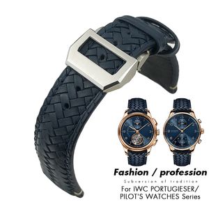 Kurvenband großhandel-20mm mm mm gekrümmtes Ende Gewebtes echtes Leder Uhrenarmband Rindslederband Fit für iwc Portugieser Pilotuhren IW394005 IW3777 Blaues weiches Armband