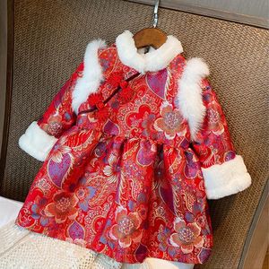 Tjejklänningar Baby Tjej Klänning Vinter 2021 År Tang-Suit Barn Barnkläder Tjejer Quilted Red Hanfu Kinesisk stil Cheongsam 18m-9