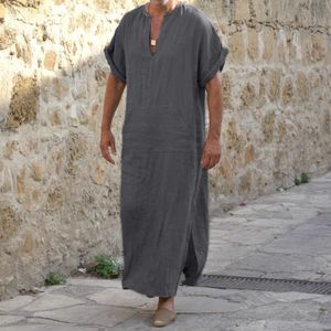 Jubba Thobeイスラムアラビアカフン男性リネンコットンソリッド半袖フード付きローブドバイ中東イスラム教徒の服Abaya Homme 210527