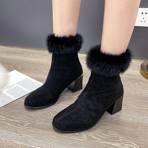 Boots Fashion High Heels Women Winter Shoes Brand Ladies Fur Ankle Square Heel 7cm Black Plus Size 41 Snow