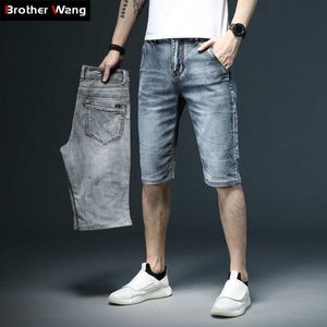 夏の男性のスリムフィットショートジーンズファッションコットンストレッチビンテージデニムSグレーブルーパンツ男性ブランド服210714