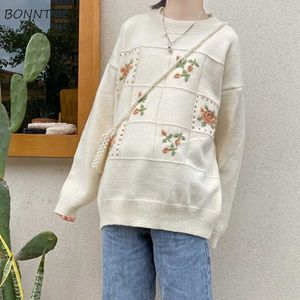 Pullovers kvinnor lösa o-nacke full ärm blommig tryckt stickning vår tröja söta härliga färska koreanska preppy stil heta toppar x0721