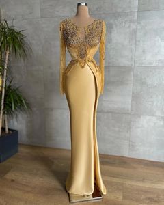 Custom Made Gold Evening Dresses Appliques Long Sleeves Shiny Beads Crystals High Split Party Prom Gowns Robe De Soiree 322