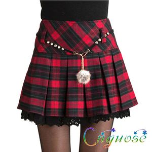 Spódnice 2021 Student Jesień i zima Czerwony Woolen High Waist Kobieta Lattice Plaid Krótka plisowana spódnica / Koreański Japonia Parasol Mini