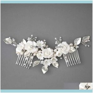 Jewelrysier Color Bridal Comb Crown White Porcelain Flower Wedding Headpiece Pearls Jewelry Hand Wired Women Hair Ornament Drop Delivery 202