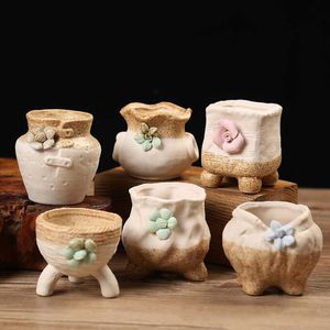 6pcs/set Two-color Ceramic Flowerpot Korean Style Hand Painted Succulent Plant Pot Balcony Decor Desktop Ornaments Home Garden Y0910