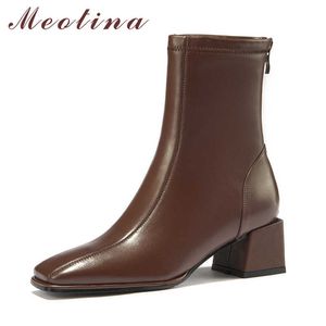Meotina Natural Genuine Leather Ankle Boots High Heel Woman Boots Square Toe Short Boots Zipper Block Heel Female Shoes Brown 40 210608