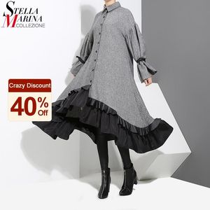 Nova Inglaterra estilo mulher inverno camisa cinza vestido midi manga longa plissada platsework grande tamanho senhora elegante festa vintage vestido 3073 210303