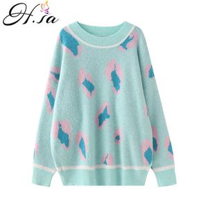H.SA Leopard Tröja Pullovers för kvinnor Rosa Gröna Tröjor Koreanska Mode Patchwork Ugly Christmas Sweater Spring Tops 210716