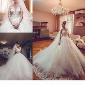 Gorgeous Long Sleeves Dresses Lace Applique Beaded Crystals Custom Made Sweep Train Tulle Wedding Bride Ball Gown Vestido De Novia