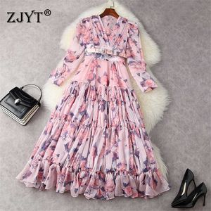 Elegant Runway Fashion Women Summer Floral Print Long Chiffon Dress Festa High Quality Celebrity Party Robe Bohemian Vestidos 210601