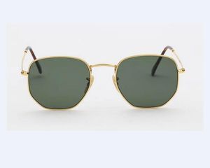 Óculos de sol masculinos femininos de alta qualidade hexagonais irregulares óculos de sol lentes de vidro dourado metal verde