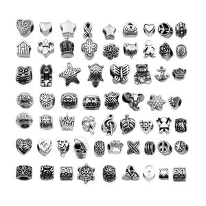 60Pcs/Lot Mixed Styles Tibetan Silver-Plate Alloy Big Hole Loose Beads Charm Diy Jewelry Making Accessories For Bracelet Necklace Wholesale