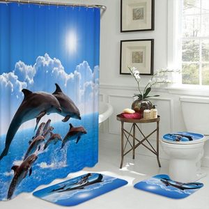 Vorhangdrapes D Elefant Print Badezimmer Sets Ozean Delphin Tiefsee Dusche mit Haken Sockel Teppich Decke Deckel WC Abdeckung Bad Matte Set