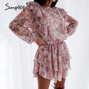 Simple Women Floral Print Dress Elegant Puff Sleeve A-Line Chiffon Sash Dress High Waist Work Wear Office Lady Pink Dress 210306