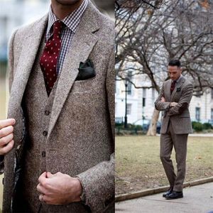 Męskie Garnitury Blazers Vintage Winter Tweed Brown Mężczyźni Z Patch Design Sztuk Kostium Homme Smart Business Formalne Ślub