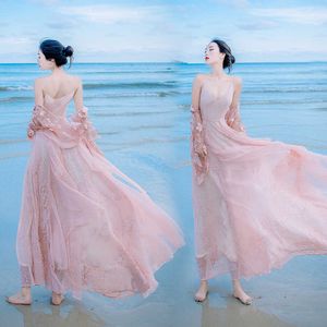 Yosimi Długie Kobiety Sukienka Wiosna Wieczór Party Maxi Koronki Dwa Kawałki Wróżka Motyl 3D Haft Eleganckie Dresses Pink 210604
