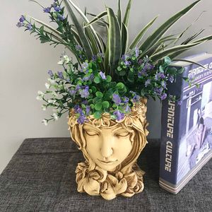 Resin Vase Goddess Head Flower Pot Flower Inserted Home Desktop Ornaments Fish Tank Cave Stone Decoration Flower Pot Bonsai 210615